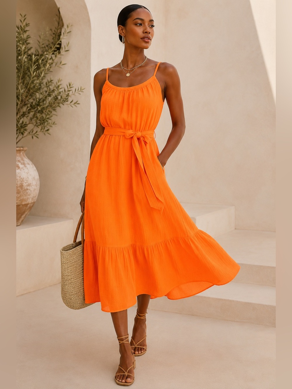 GAP Orange Cotton Gauze Tiered Midi Dress Size M Adjustable Straps Tie Waist M